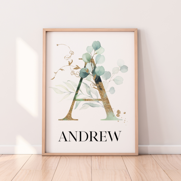 WP Letter Name Euca main baby initial letter and name with eucalyptus leaves